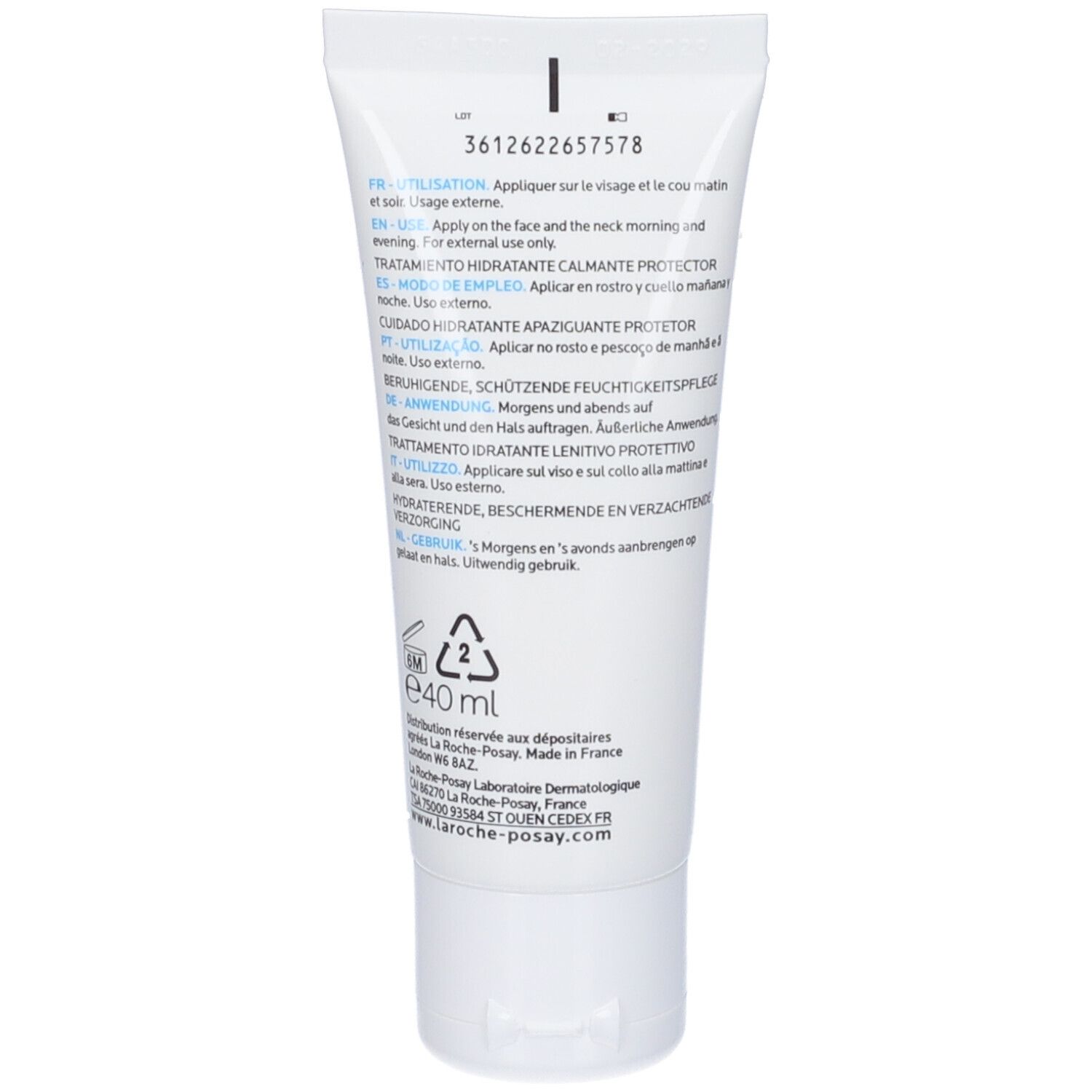 Weiße Tube mit blauer Schrift. Enthält 40 ml. Text in mehreren Sprachen, darunter Französisch und Deutsch. Marke: La Roche-Posay.