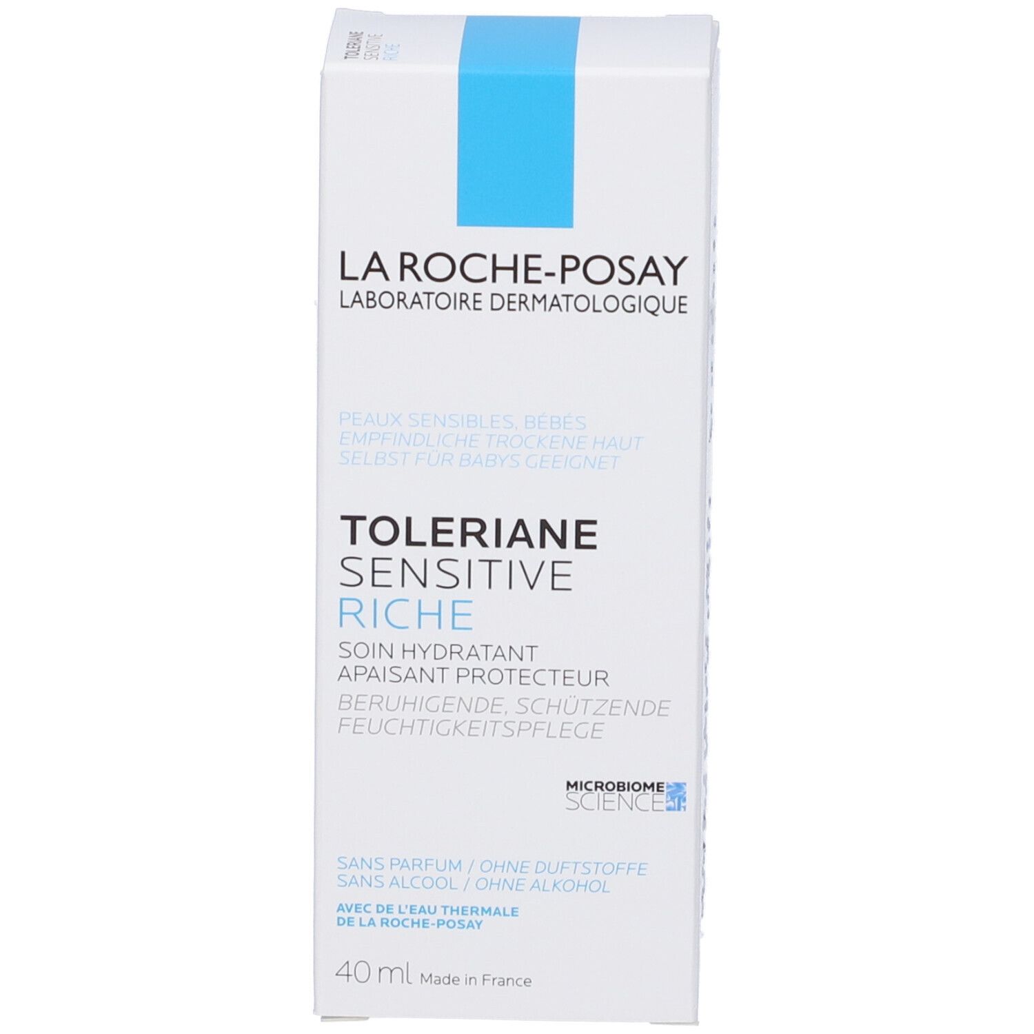 Weiße Schachtel mit blauem Streifen. Aufschrift: Toleriane Sensitive Rich. Text in Französisch und Deutsch. Marke: La Roche-Posay.
