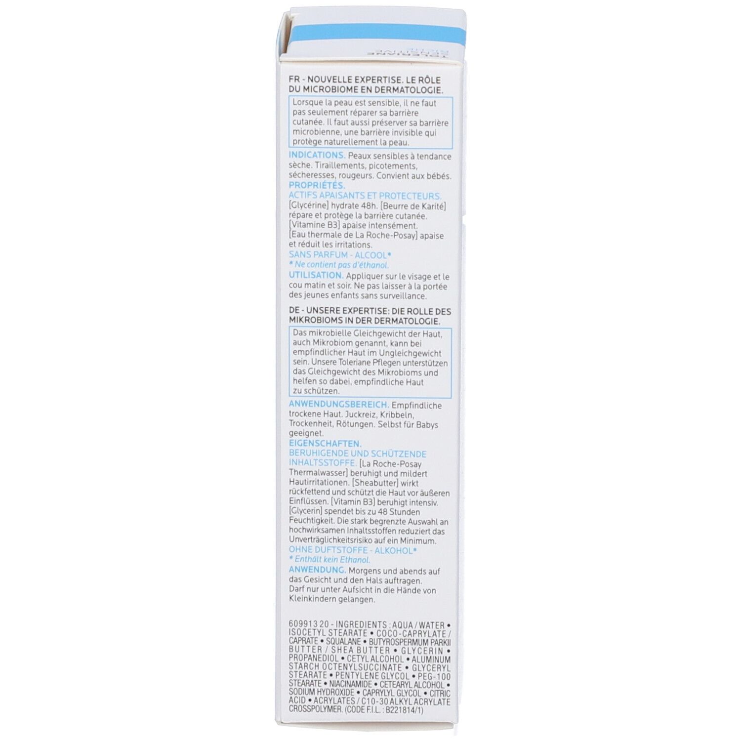 Schachtel mit blauer und weißer Schrift. Enthält 40 ml. Text in mehreren Sprachen, darunter Deutsch und Französisch. Marke: La Roche-Posay.