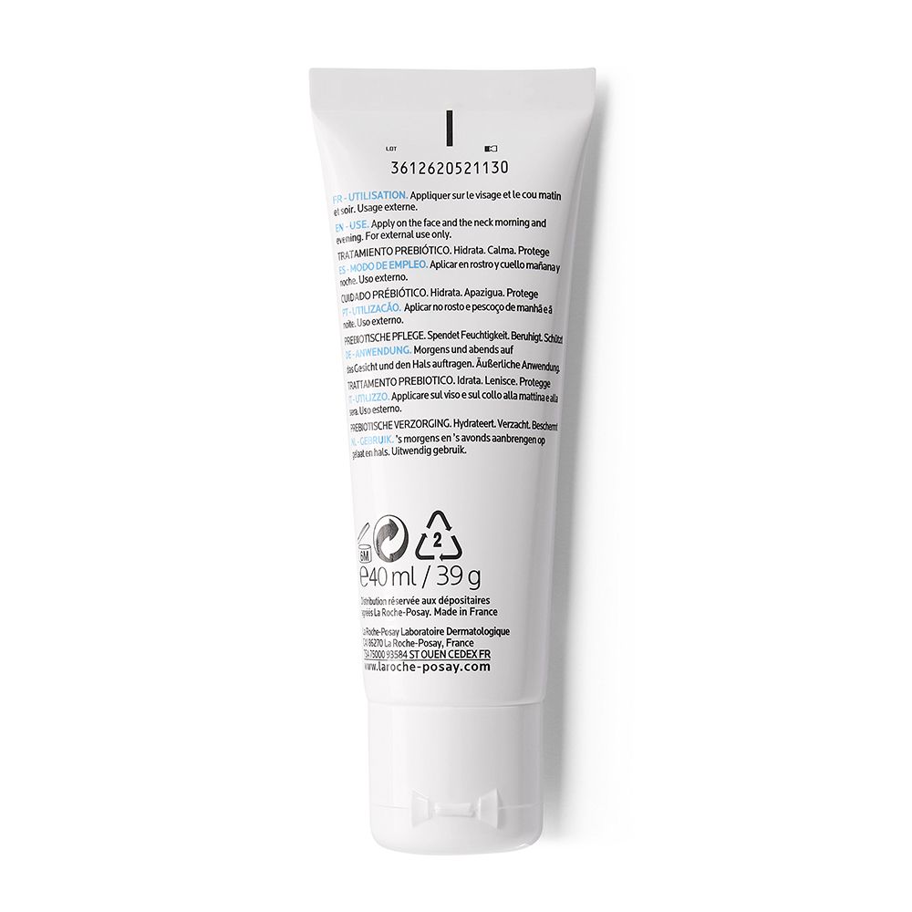 Dos du tube La Roche-Posay Toleriane Sensitive Crème. Texte multilingue. Volume : 40 ml.