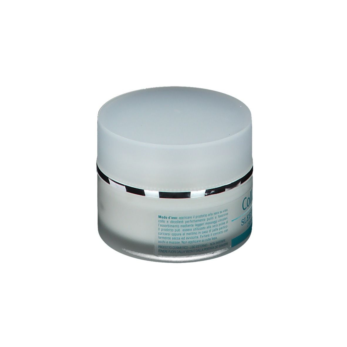 Vaso di crema con coperchio. Scritta: Collagenal Sleeping Beauty Crema Viso Notte. Etichetta turchese e bianca con testo.