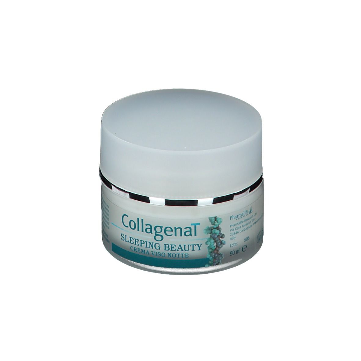 Vaso di crema con coperchio. Scritta: Collagenal Sleeping Beauty Crema Viso Notte. Etichetta turchese e bianca.