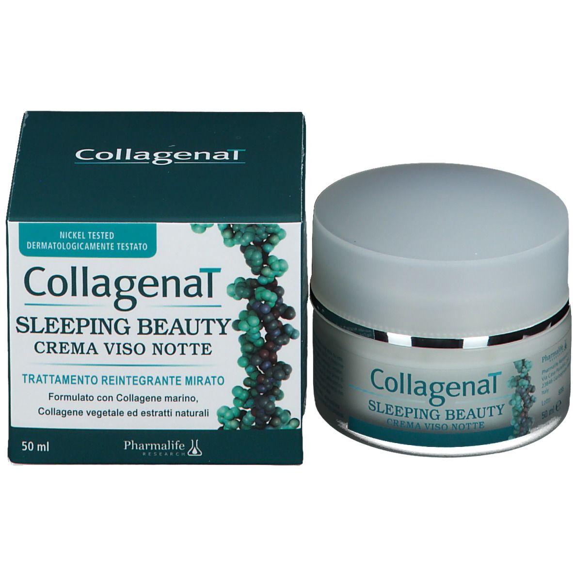 Vaso di crema e scatola. Scritta: Collagenal Sleeping Beauty Crema Viso Notte. Scatola con testo e logo.