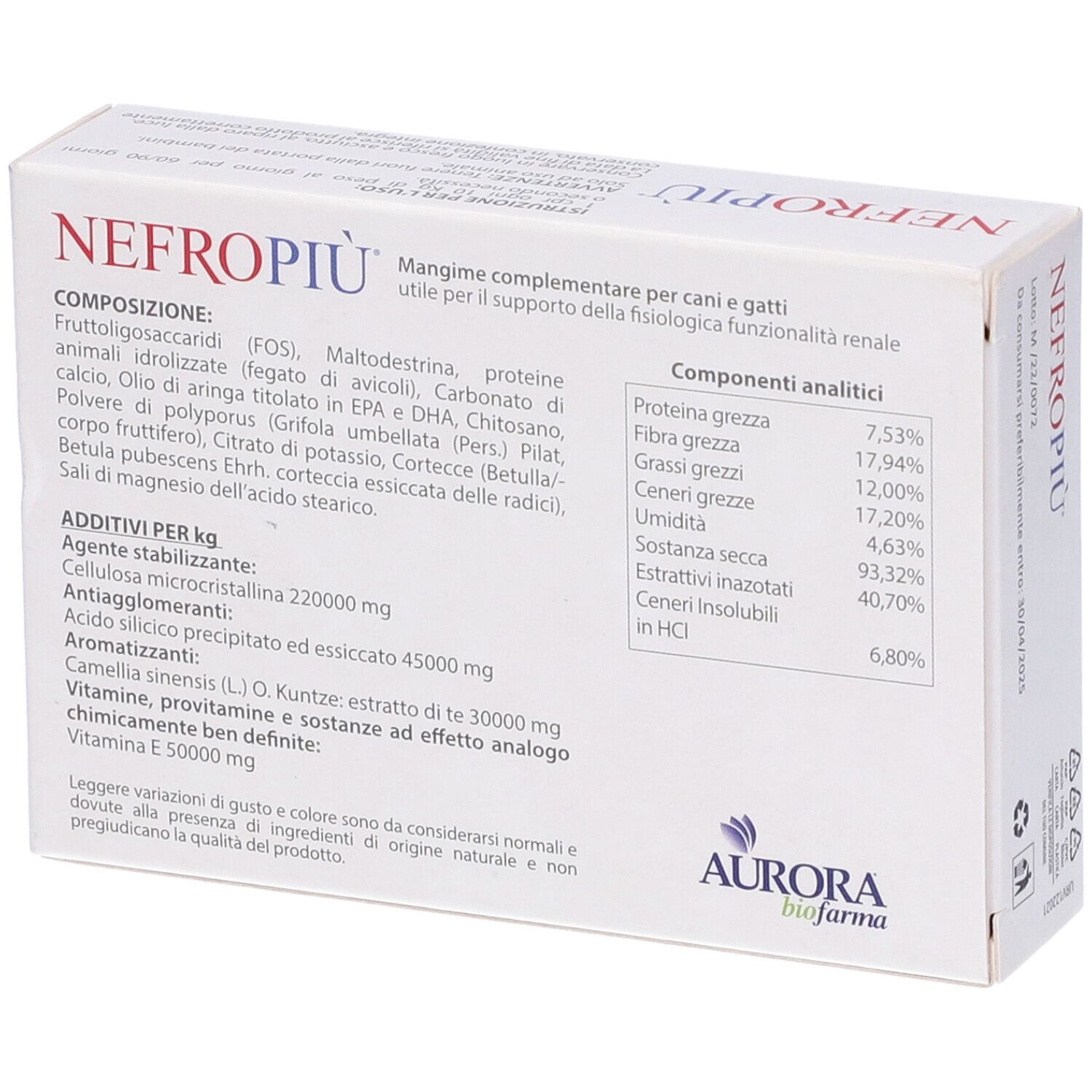 Retro della scatola bianca con ingredienti e analisi. Testo: NEFROPIÙ. Logo Aurora biofarma. Ingredienti e componenti analitici.