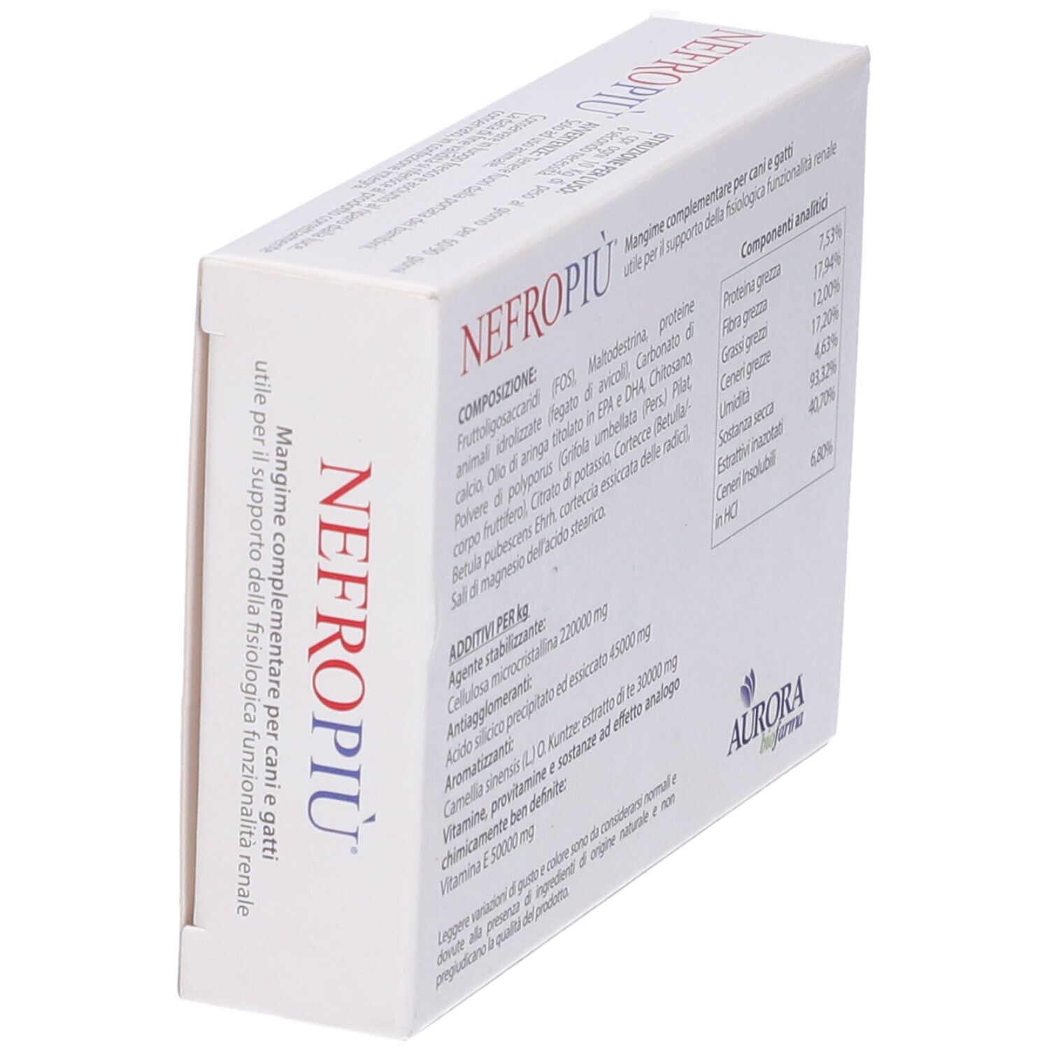 Retro della scatola bianca con ingredienti e analisi. Testo: NEFROPIÙ. Logo Aurora biofarma. Ingredienti e componenti analitici.