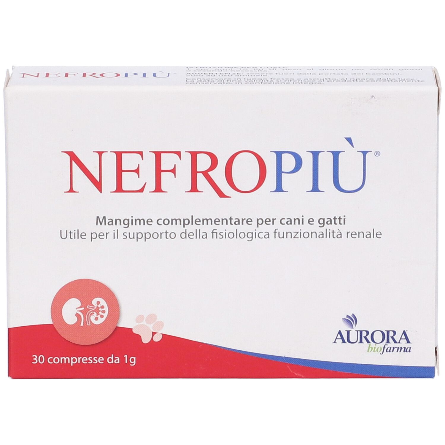 Scatola bianca con scritta NEFROPIÙ rossa e blu. Testo: Mangime complementare per cani e gatti. 30 compresse da 1g. Logo Aurora biofarma.