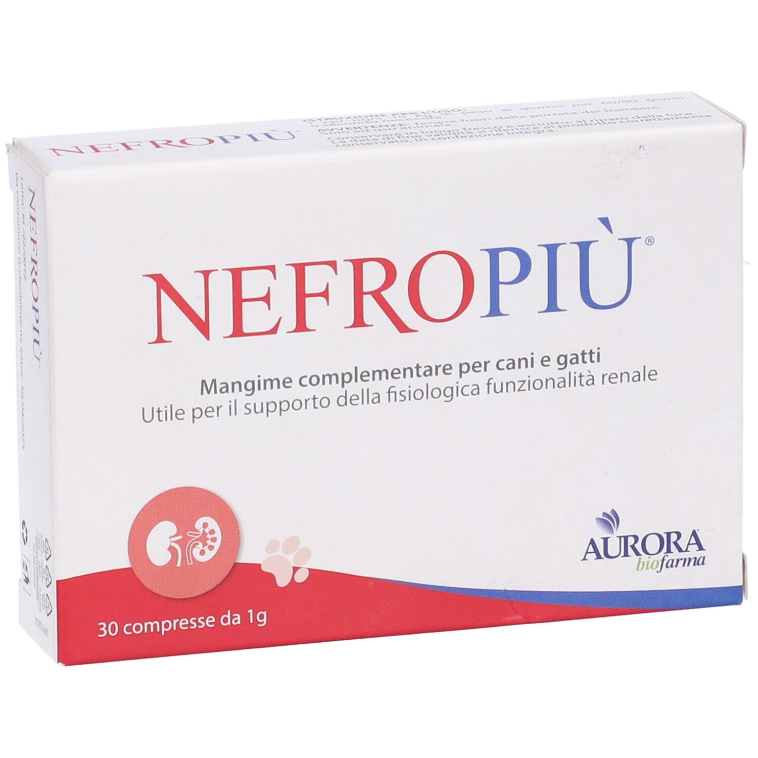 Scatola bianca con scritta NEFROPIÙ rossa e blu. Testo: Mangime complementare per cani e gatti. 30 compresse da 1g. Logo Aurora biofarma.