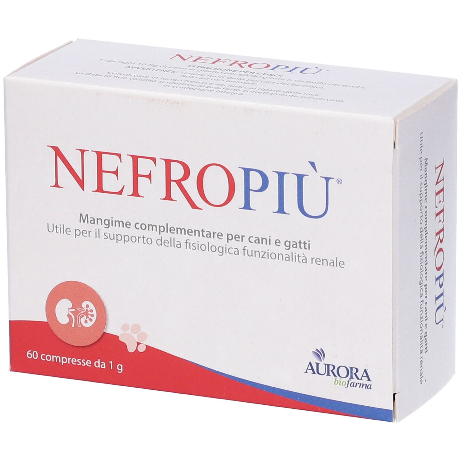 Scatola bianca con testo rosso e blu. Scritto: NEFROPIÙ. 60 compresse. Logo Aurora Biofarma.