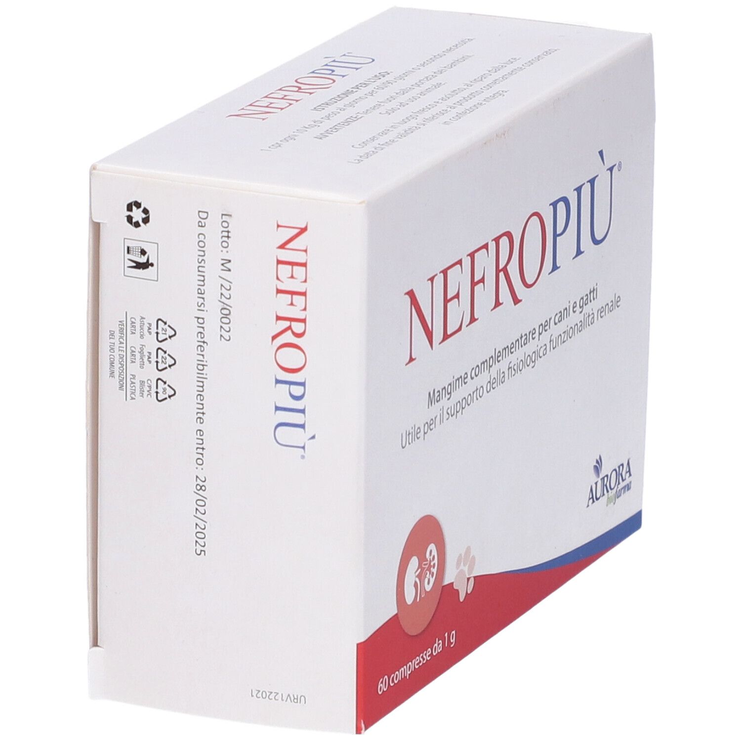 Scatola bianca con testo rosso e blu. Scritto: NEFROPIÙ. 60 compresse. Logo Aurora Biofarma. Vista laterale.