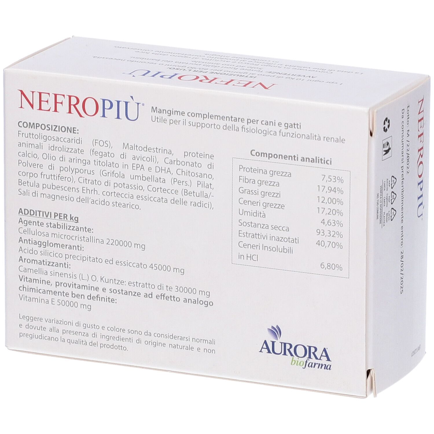 Retro della scatola bianca con testo. Scritto: NEFROPIÙ. Ingredienti e componenti analitici. Logo Aurora Biofarma.