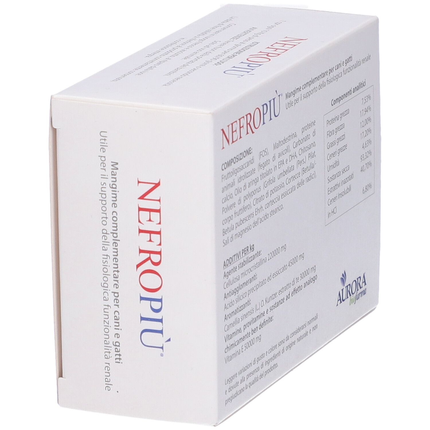 Scatola bianca con testo rosso e blu. Scritto: NEFROPIÙ. 60 compresse. Logo Aurora Biofarma. Vista laterale.