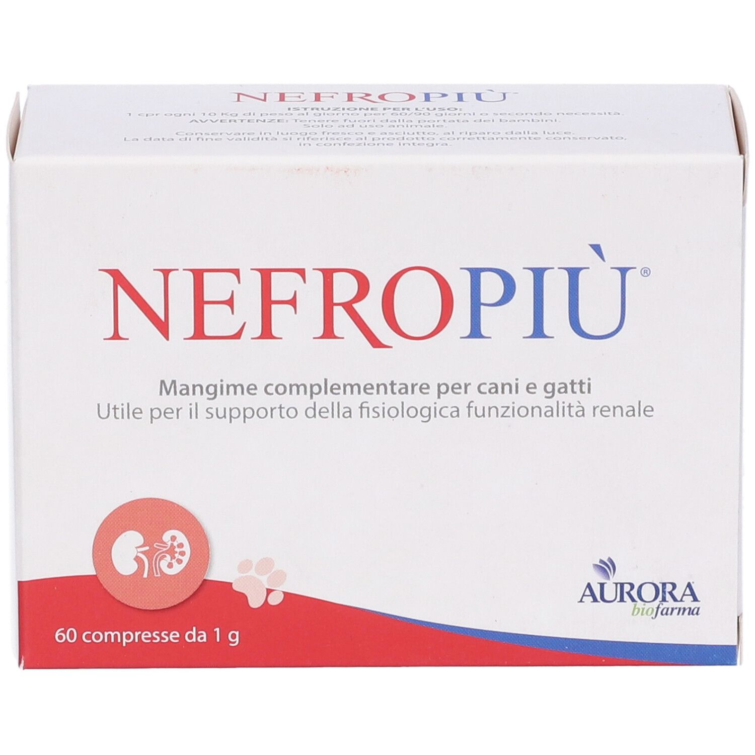 Scatola bianca con testo rosso e blu. Scritto: NEFROPIÙ. 60 compresse. Logo Aurora Biofarma.
