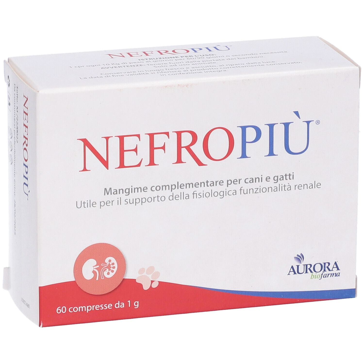 Scatola bianca con testo rosso e blu. Scritto: NEFROPIÙ. 60 compresse. Logo Aurora Biofarma.