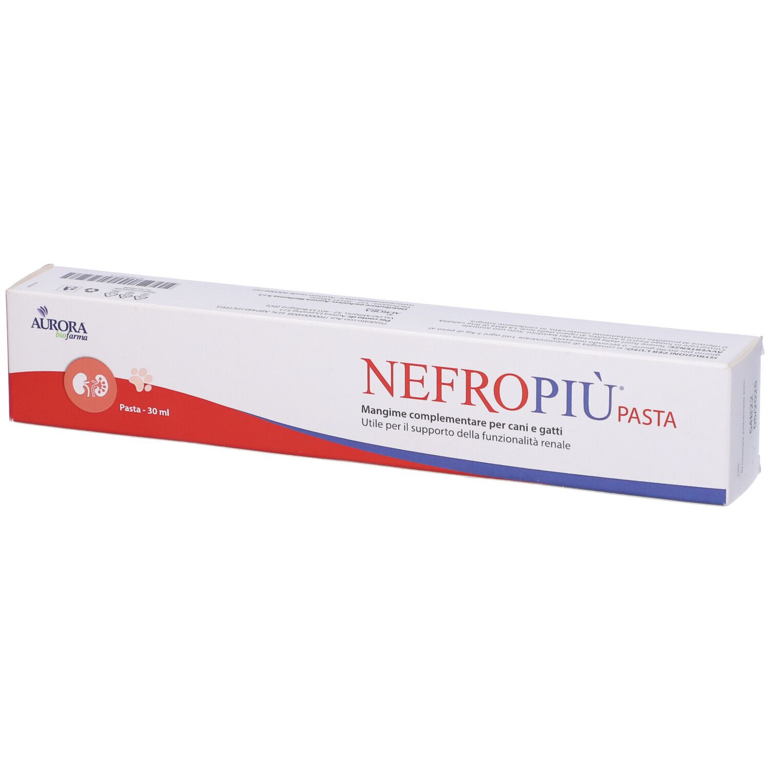 Tubo bianco con scritte rosse e blu. Scritto: NEFROPIÙ PASTA. Contiene 30 ml. Marchio: Aurora Biofarma.