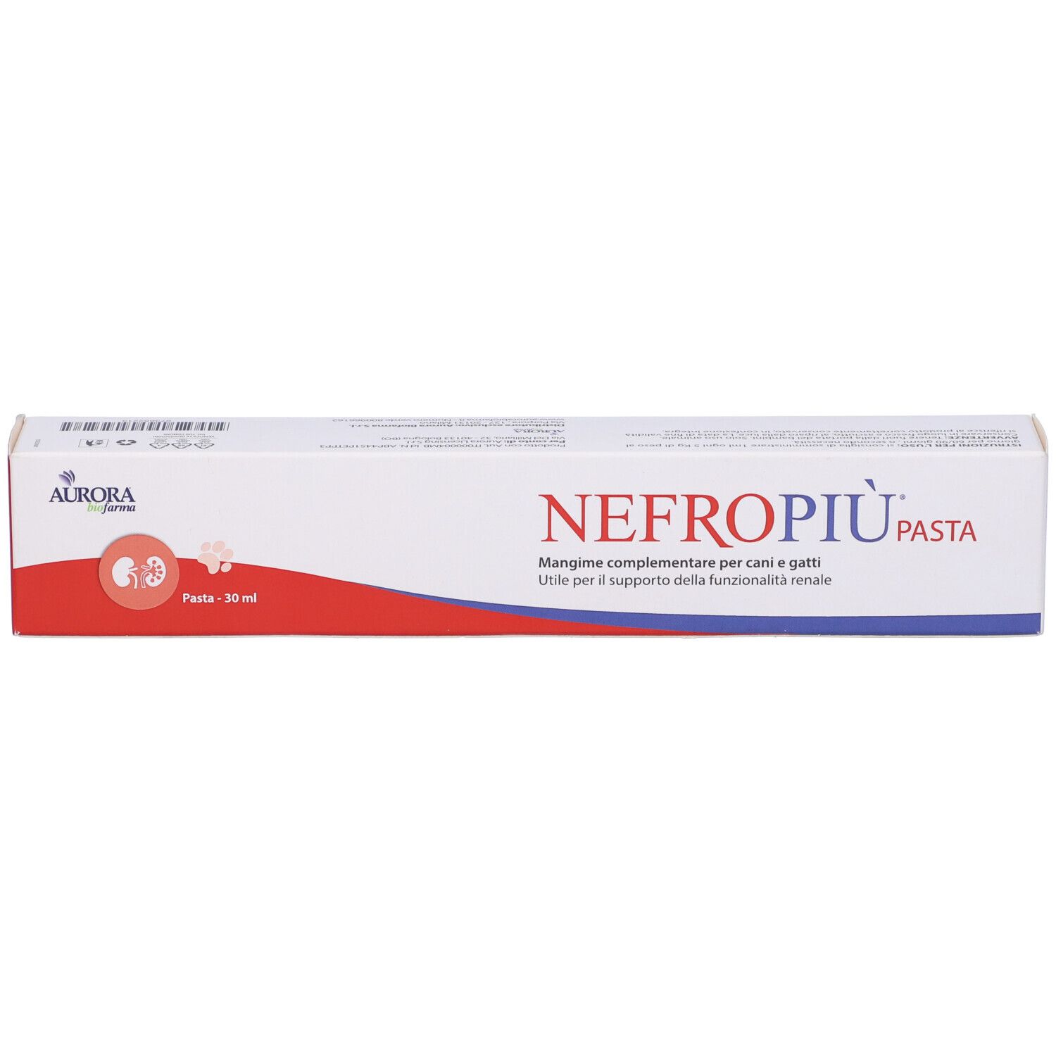 Tubo bianco con scritte rosse e blu. Scritto: NEFROPIÙ PASTA. Contiene 30 ml. Marchio: Aurora Biofarma.