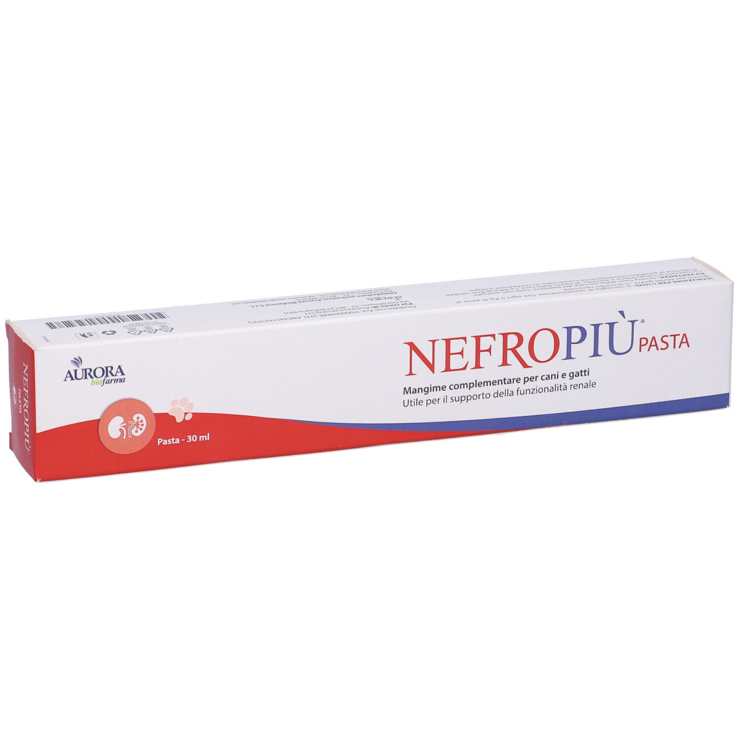 Tubo bianco con scritte rosse e blu. Scritto: NEFROPIÙ PASTA. Contiene 30 ml. Marchio: Aurora Biofarma.