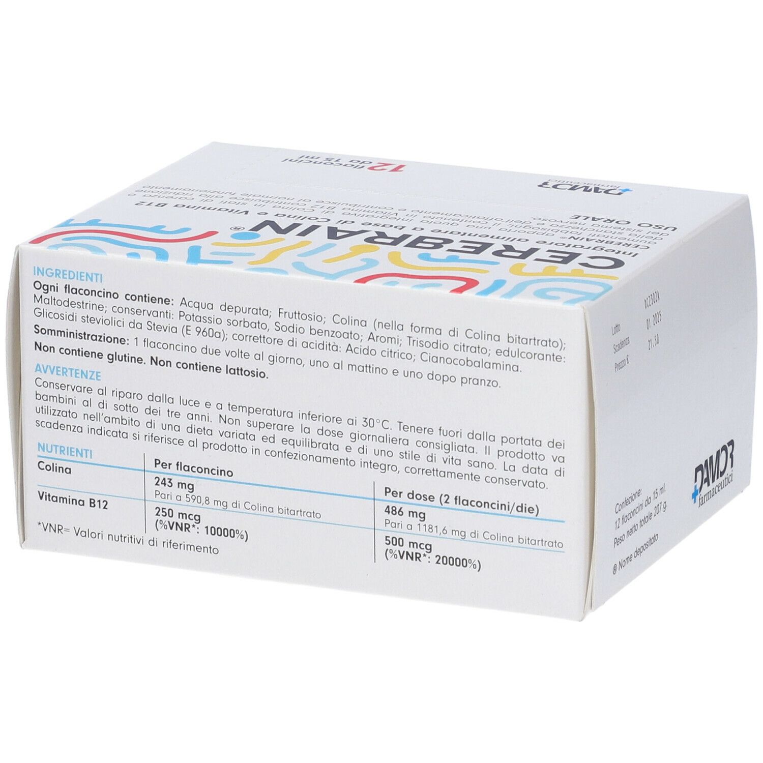 Retro scatola CEREBRAIN® Flaconcini. Lista ingredienti e valori nutrizionali.