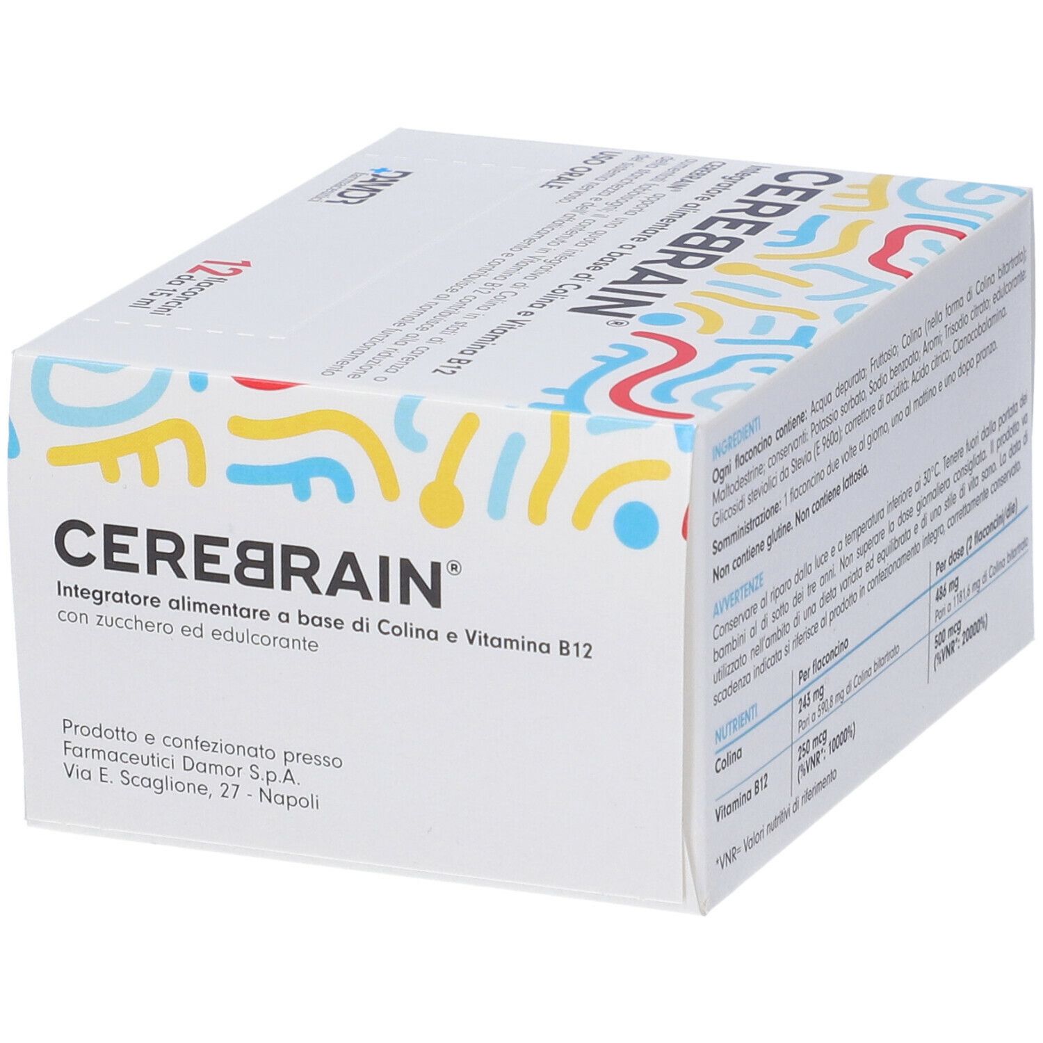 Scatola CEREBRAIN® Flaconcini. Nome prodotto e ingredienti. Con zucchero ed edulcorante.