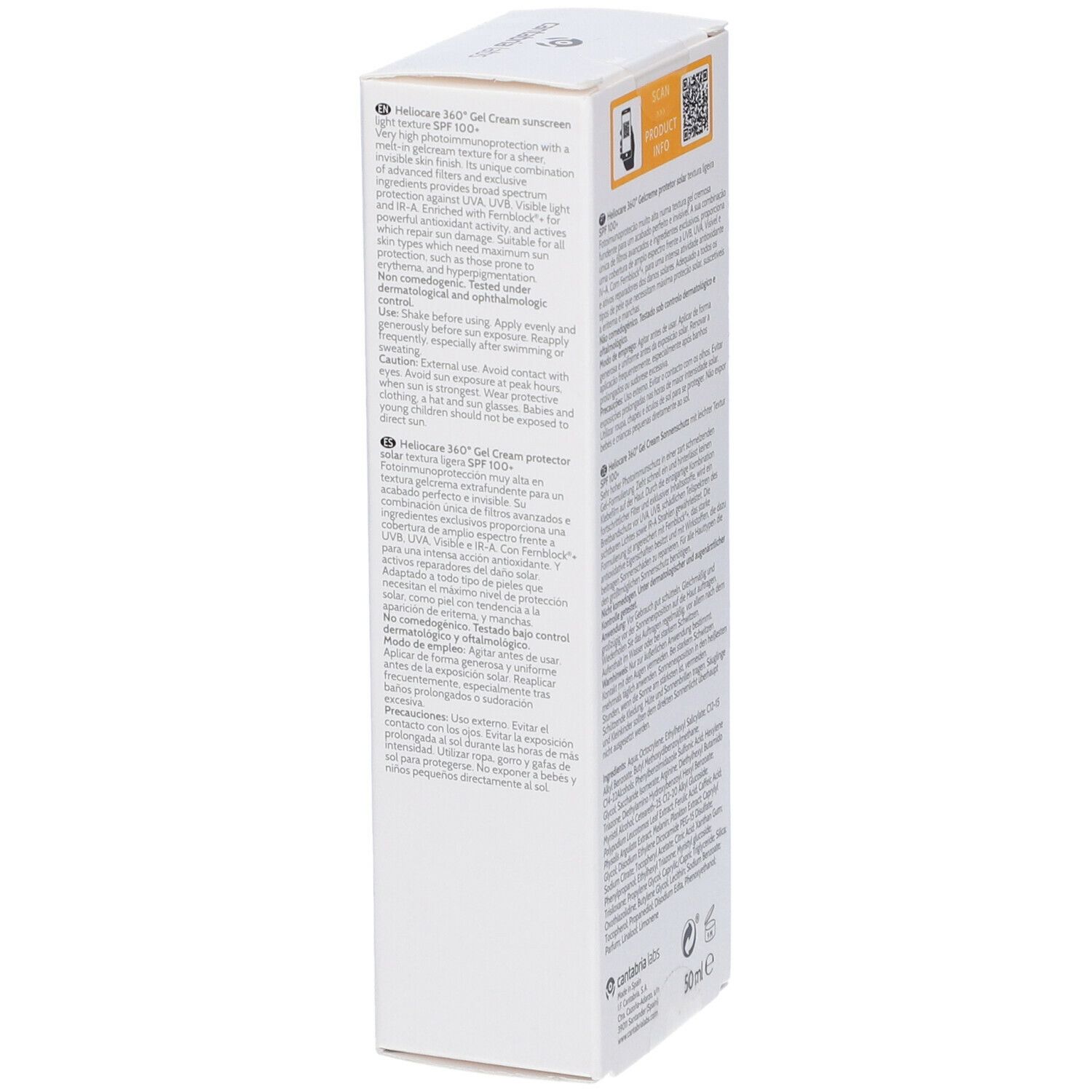 Scatola bianca, testo multilingue. Scritta: Heliocare 360° Gel Cream.