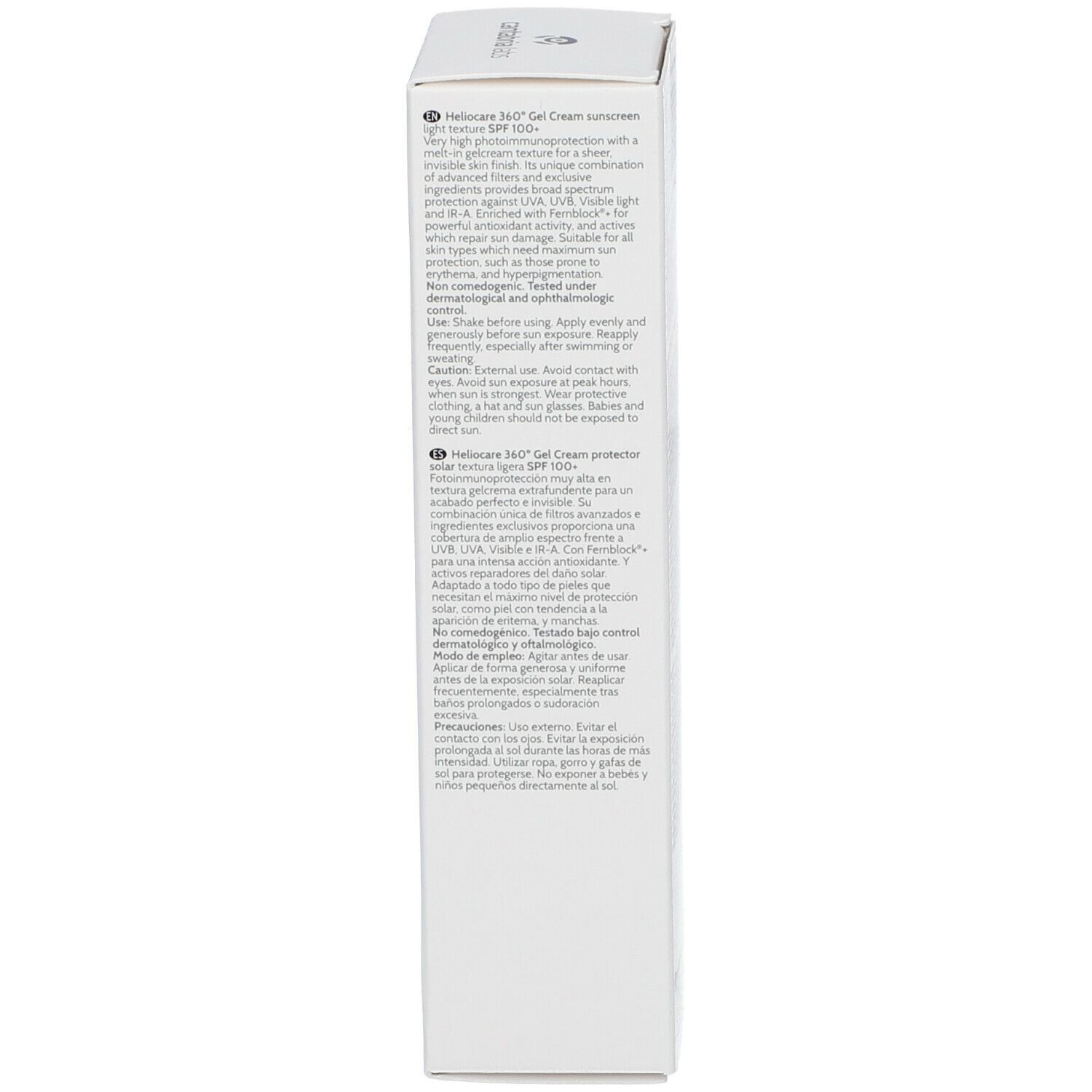 Scatola bianca, testo multilingue. Scritta: Heliocare 360° Gel Cream.