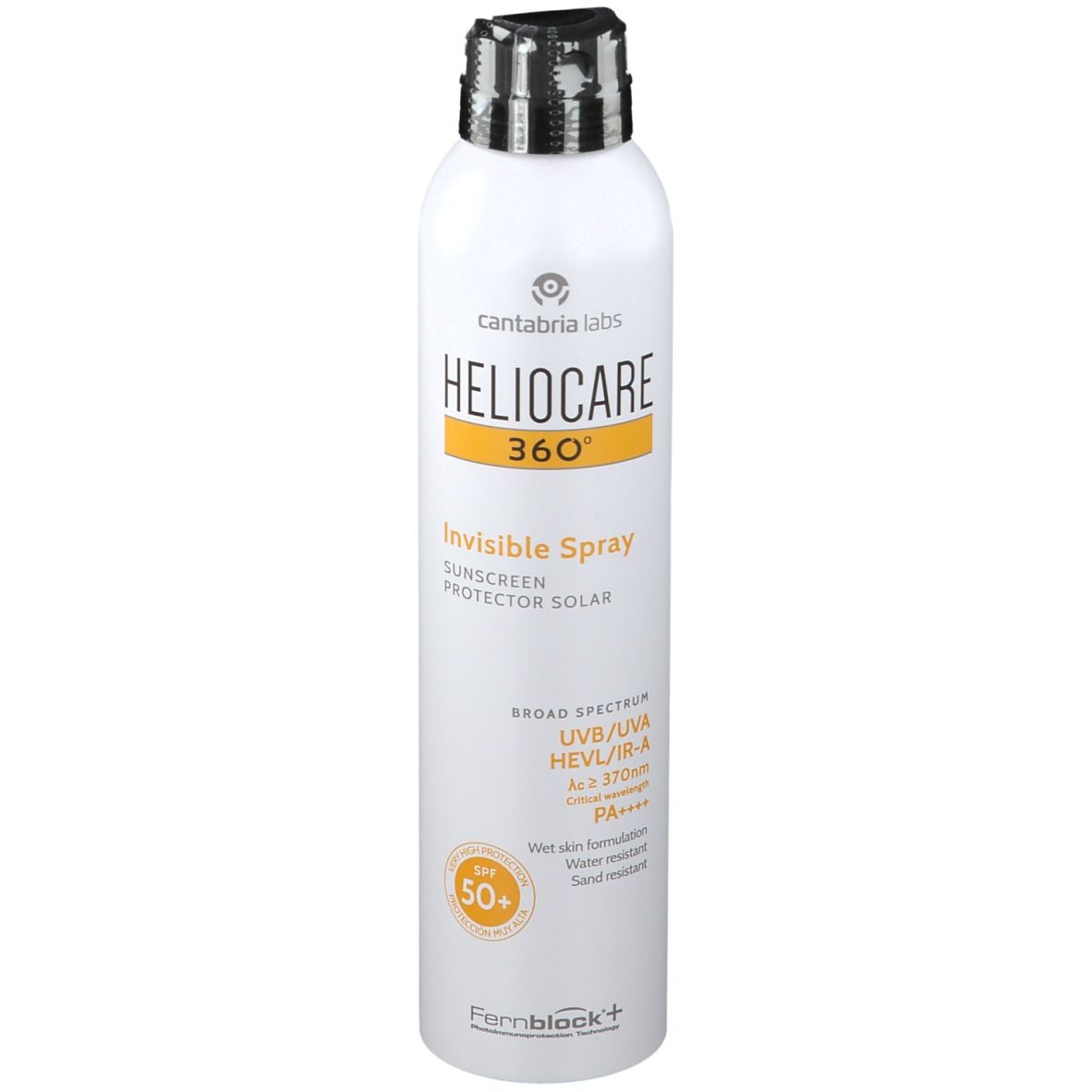 Spray bianco con erogatore nero. Scritta HELIOCARE 360° Invisible Spray LSF 50+. Cerchio giallo con 50+.