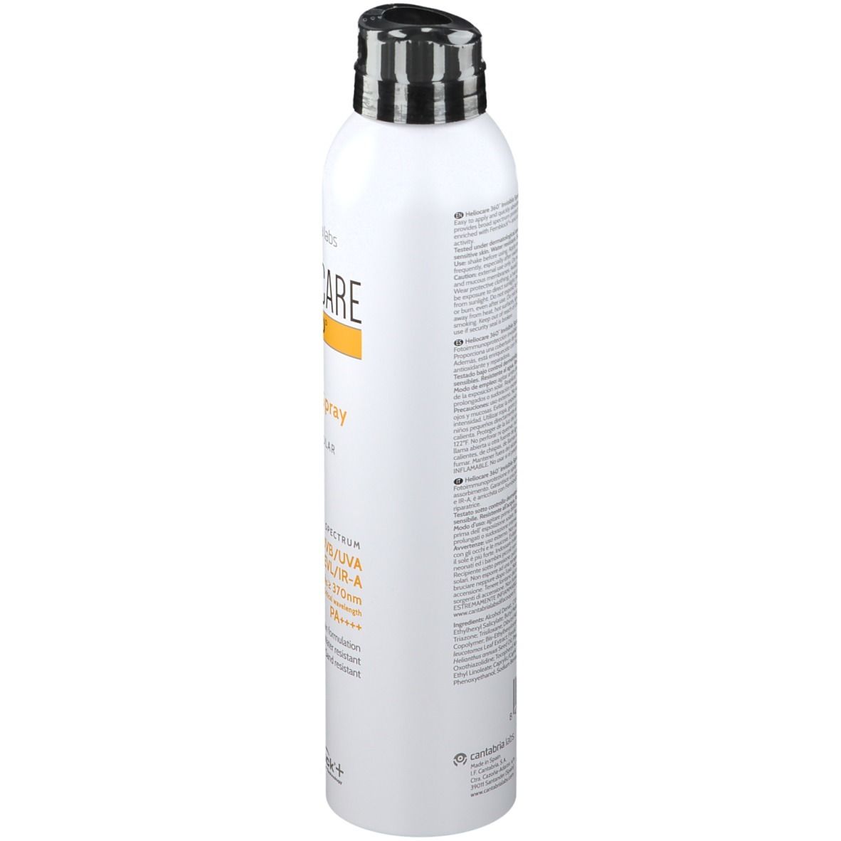Spray bianco con erogatore nero. Scritta HELIOCARE 360° Invisible Spray LSF 50+. Testo sul retro.