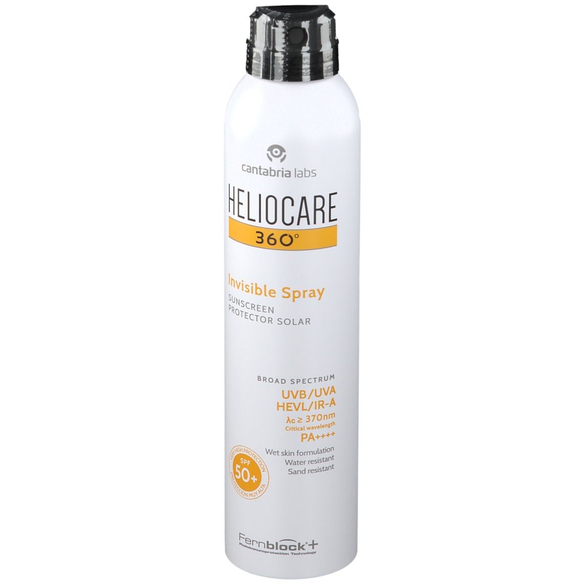 Spray bianco con erogatore nero. Scritta HELIOCARE 360° Invisible Spray LSF 50+. Cerchio giallo con 50+.
