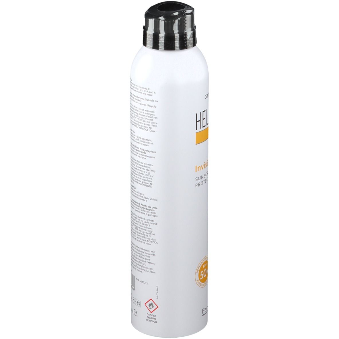 Spray bianco con erogatore nero. Scritta HELIOCARE 360° Invisible Spray LSF 50+. Testo sul retro.