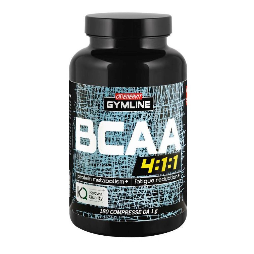 Flacone nero ENERVIT Gymline BCAA 4:1:1. Scritta BCAA 4:1:1, 180 compresse. Sigillo Kyowa Quality.