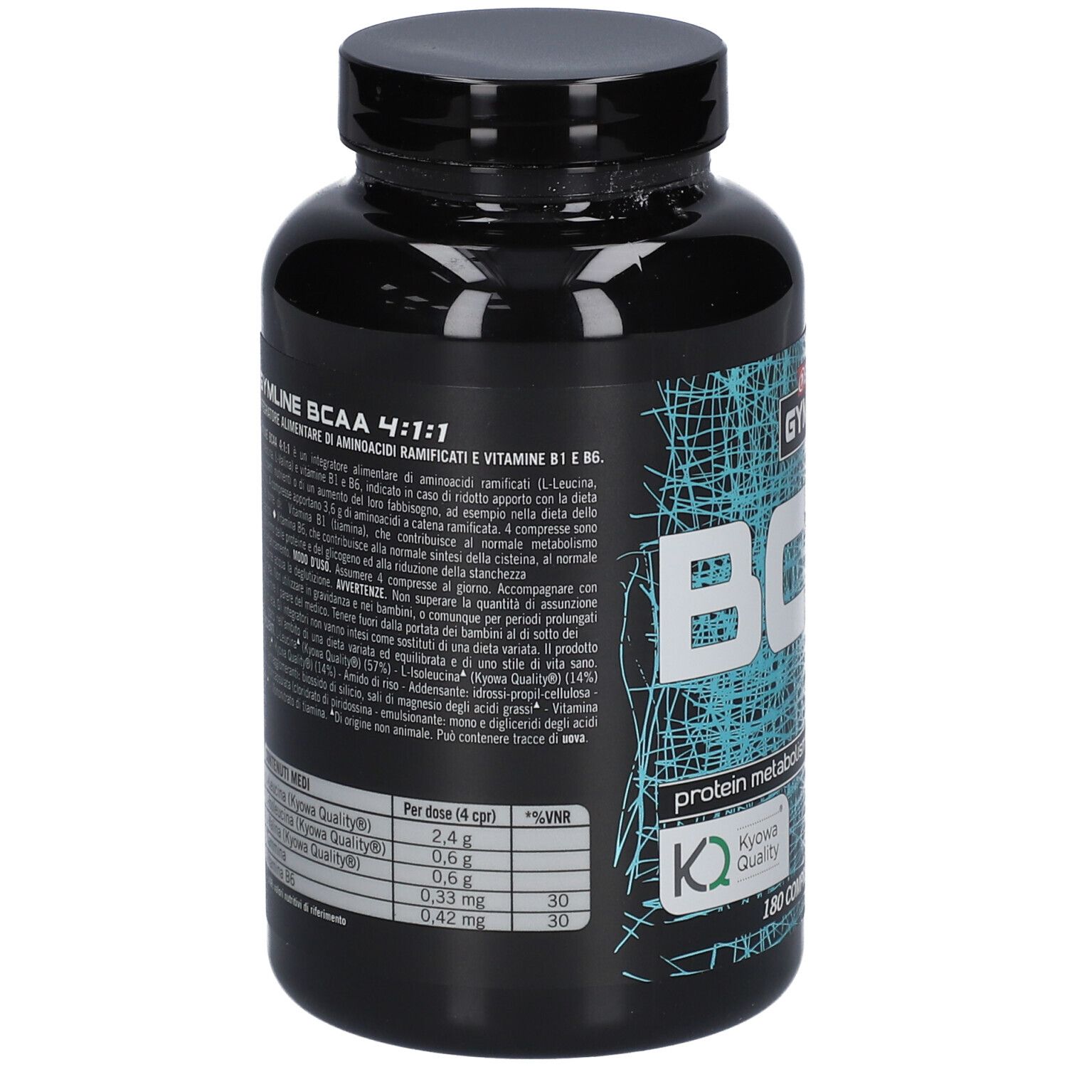 Flacone nero ENERVIT Gymline BCAA 4:1:1. Retro con testo e informazioni nutrizionali. Sigillo Kyowa Quality.