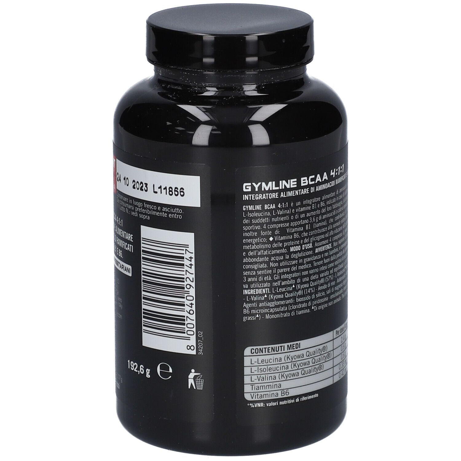 Flacone nero ENERVIT Gymline BCAA 4:1:1. Retro con testo, informazioni nutrizionali e data di scadenza.