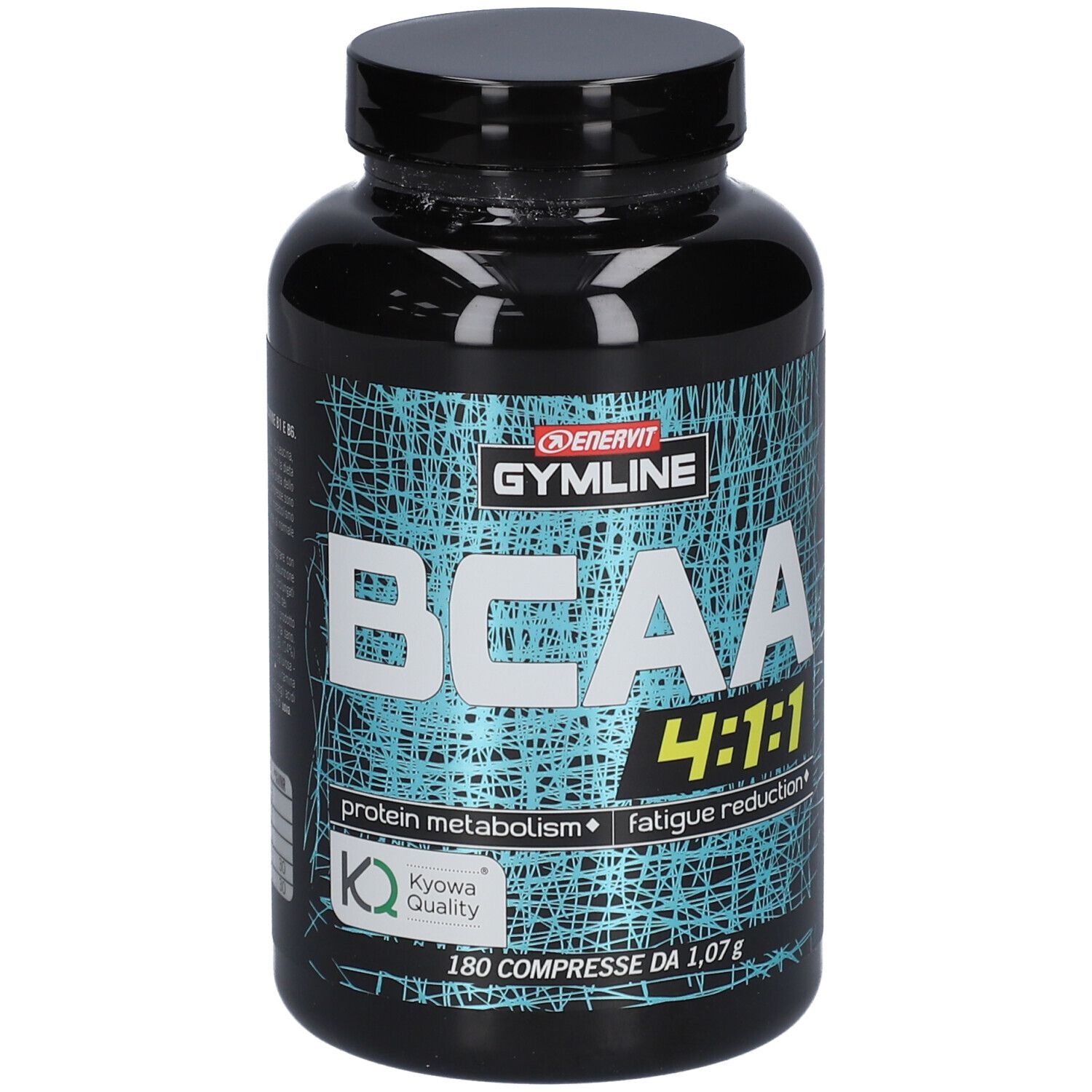 Flacone nero ENERVIT Gymline BCAA 4:1:1. Scritta BCAA 4:1:1, 180 compresse. Sigillo Kyowa Quality.