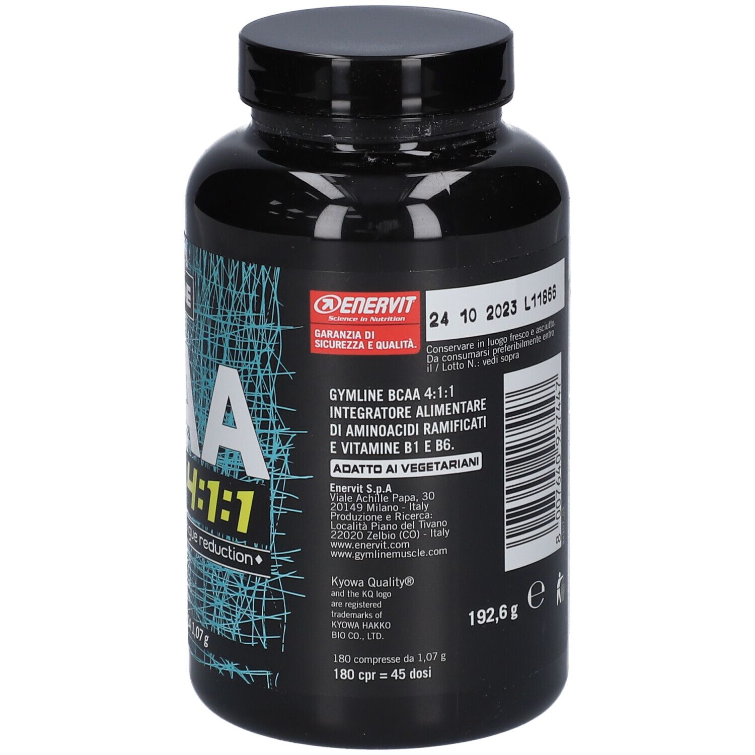 Flacone nero ENERVIT Gymline BCAA 4:1:1. Retro con testo, informazioni nutrizionali e data di scadenza.