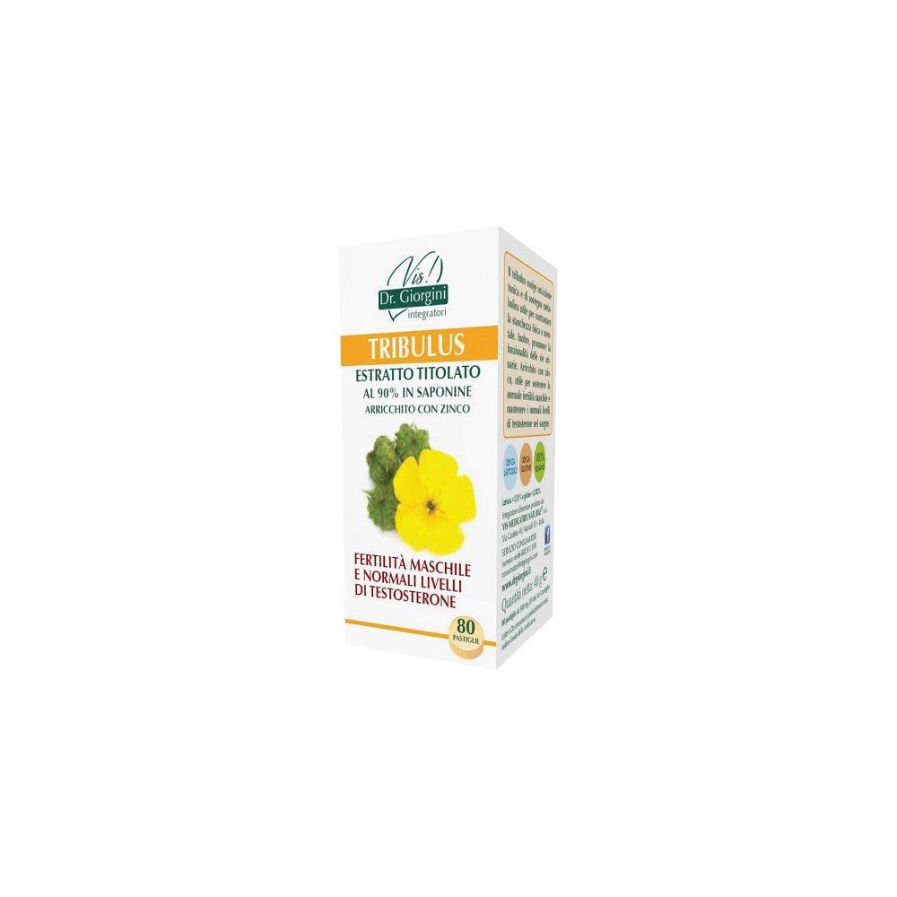 Scatola bianca con nome del prodotto e fiore giallo. Testo: Tribulus Estratto Titolato, 80 Pastiglie. Marchio: Dr. Giorgini.