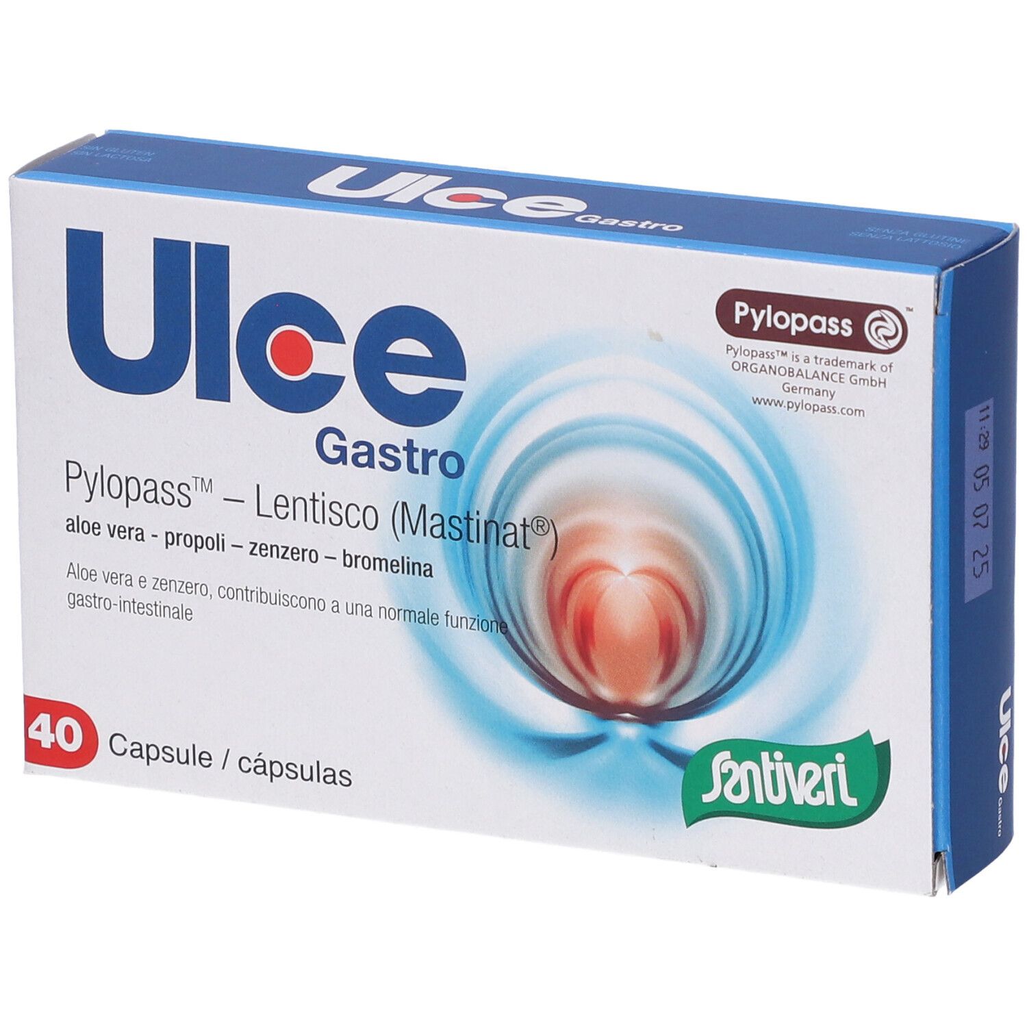 Scatola blu e bianca con nome del prodotto, 40 capsule e ingredienti. Design a onde. Logo Santiveri.