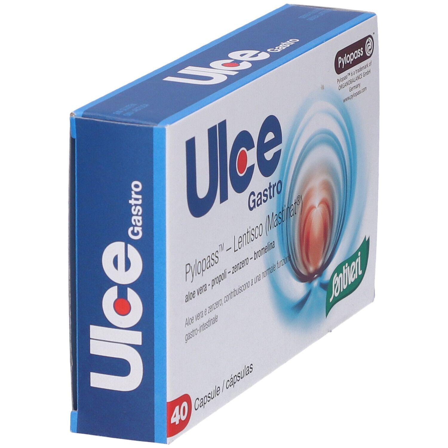 Scatola con nome del prodotto, 40 capsule e ingredienti. Vista posteriore. Testo multilingue. 15g.