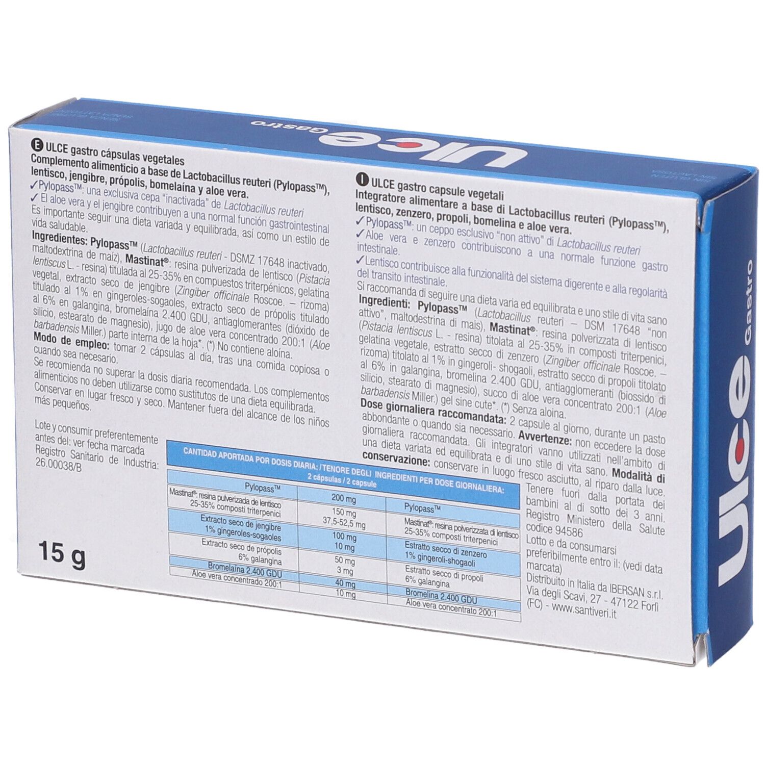 Scatola con nome del prodotto, 40 capsule e ingredienti. Vista posteriore. Testo multilingue. 15g.