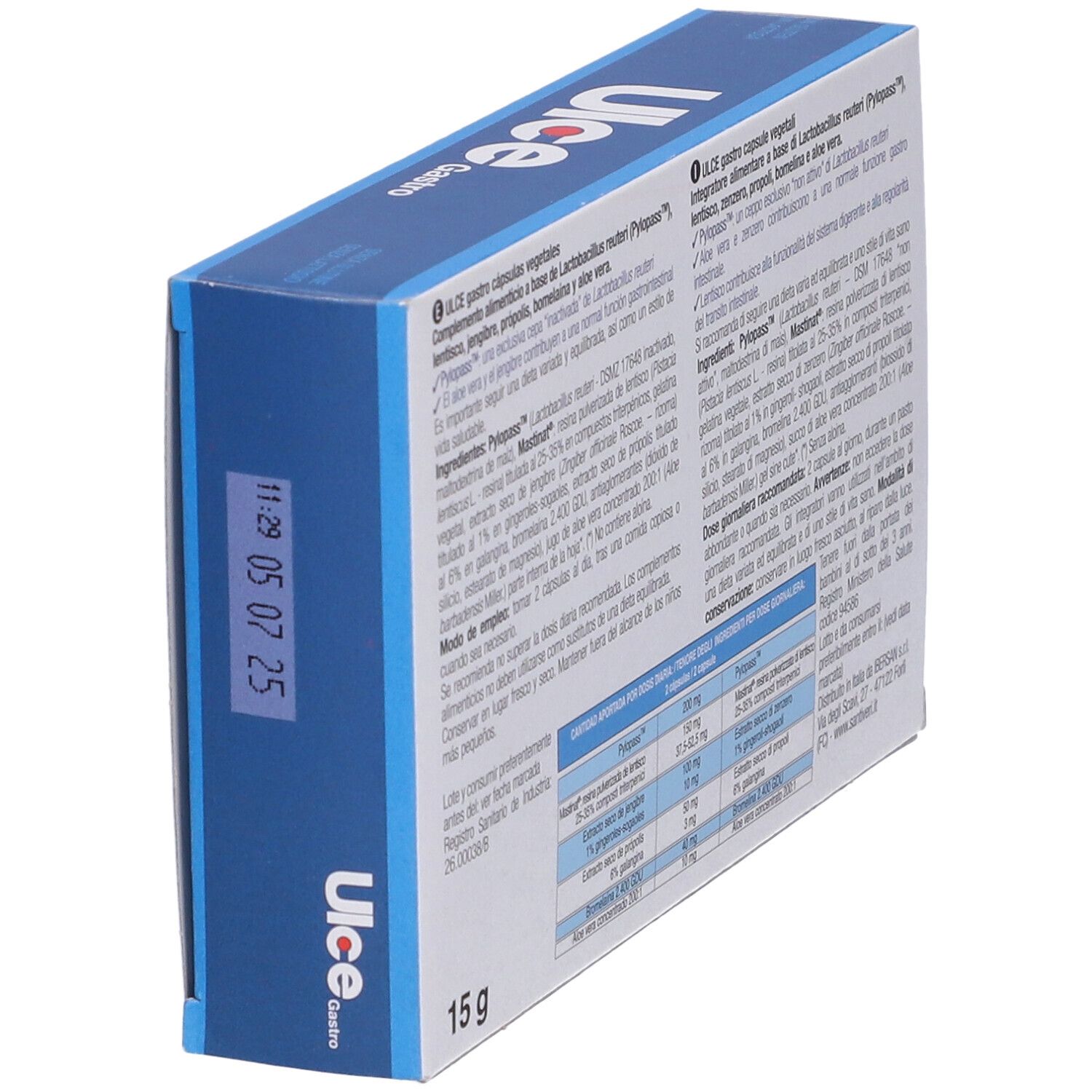 Scatola con nome del prodotto, 40 capsule e ingredienti. Vista posteriore. Testo multilingue. 15g.