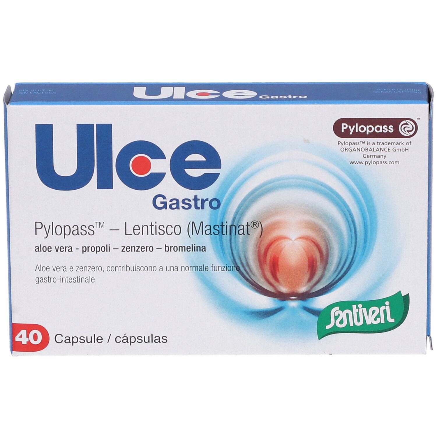 Scatola blu e bianca con nome del prodotto, 40 capsule e ingredienti. Design a onde. Logo Santiveri.