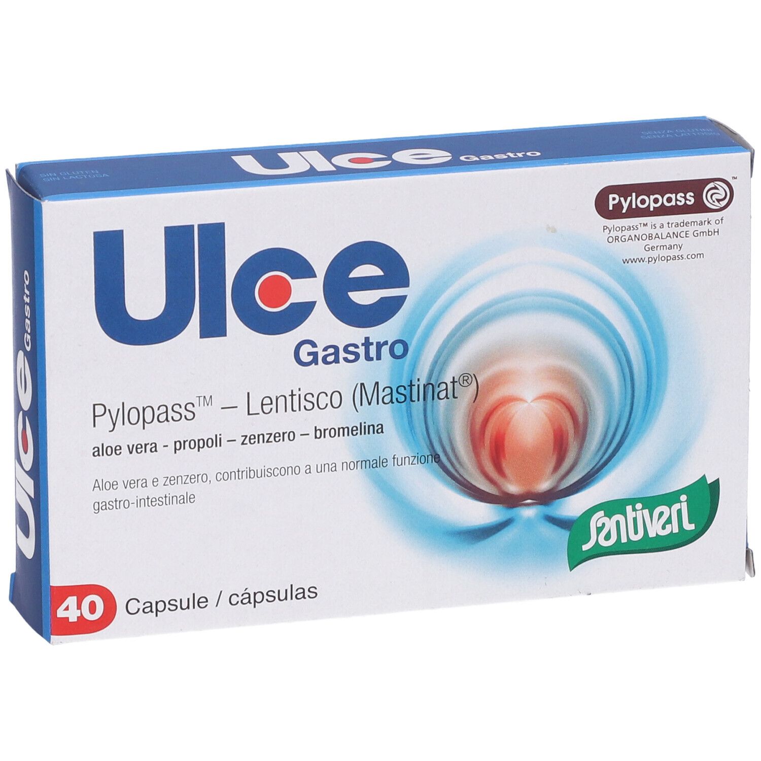 Scatola blu e bianca con nome del prodotto, 40 capsule e ingredienti. Design a onde. Logo Santiveri.