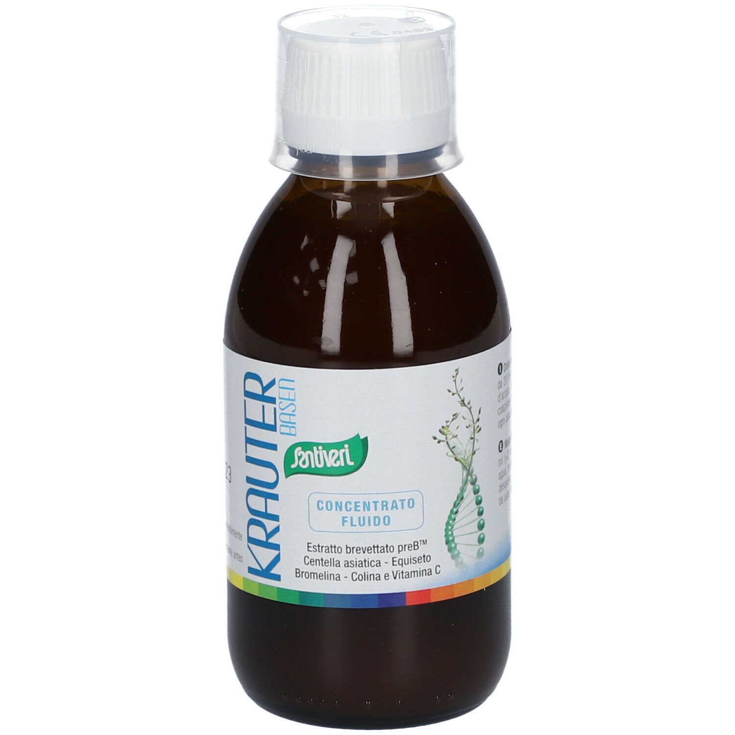 Liquido marrone in bottiglia con tappo bianco. Etichetta con nome del prodotto e ingredienti.