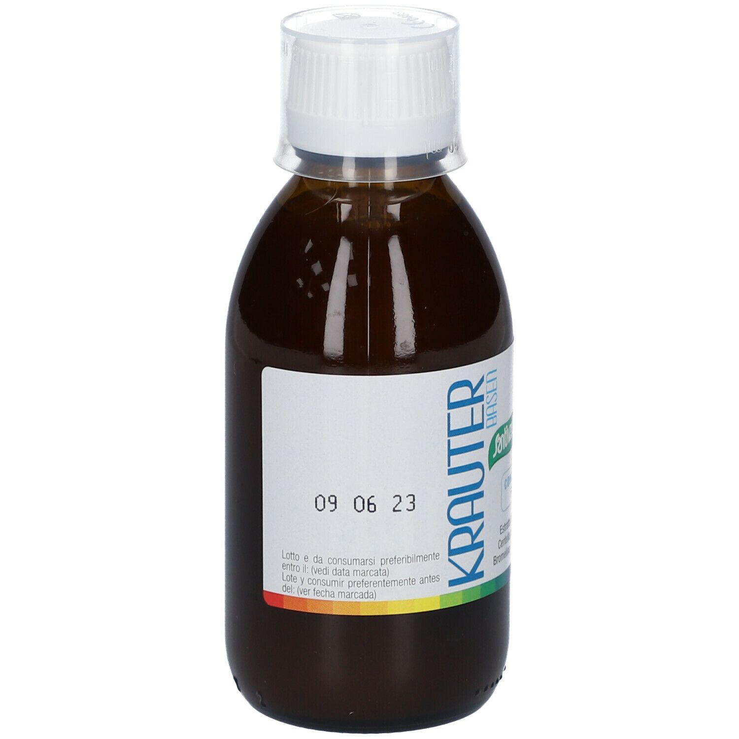 Liquido marrone in bottiglia con tappo bianco. Etichetta con data di scadenza.