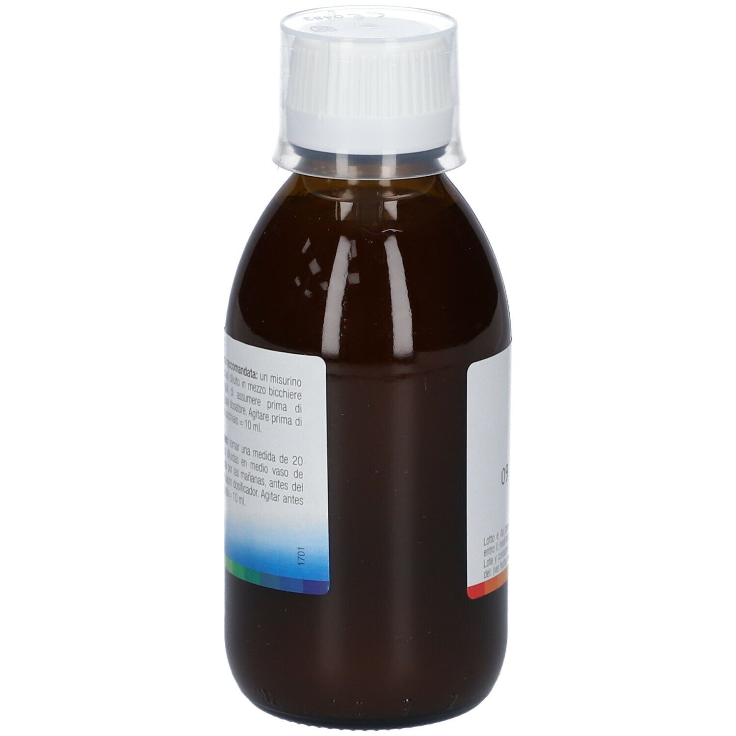 Liquido marrone in bottiglia con tappo bianco. Etichetta con informazioni sul prodotto.