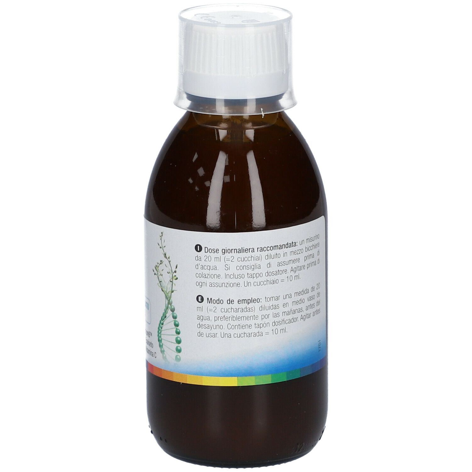 Liquido marrone in bottiglia con tappo bianco. Etichetta con istruzioni per il dosaggio.