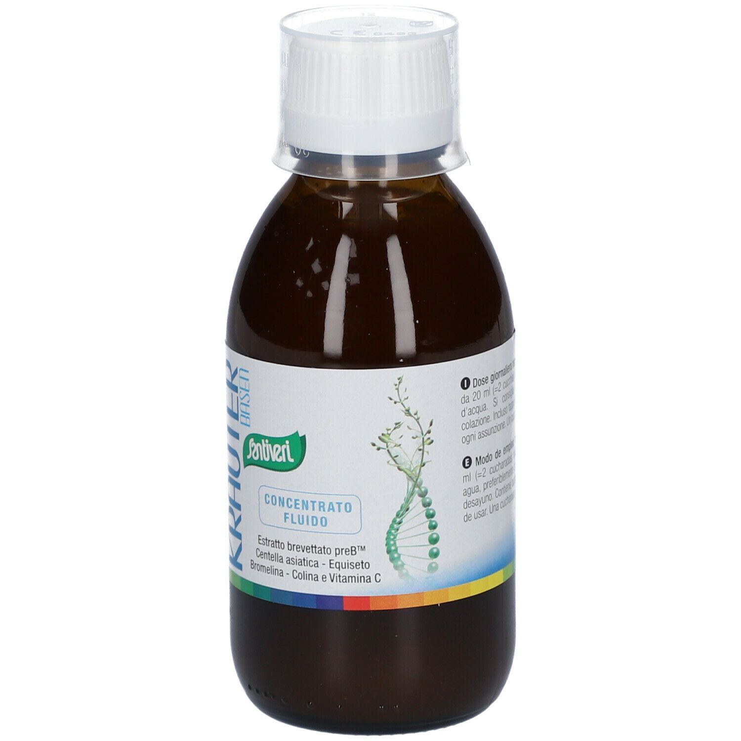 Liquido marrone in bottiglia con tappo bianco. Etichetta con nome del prodotto e ingredienti.