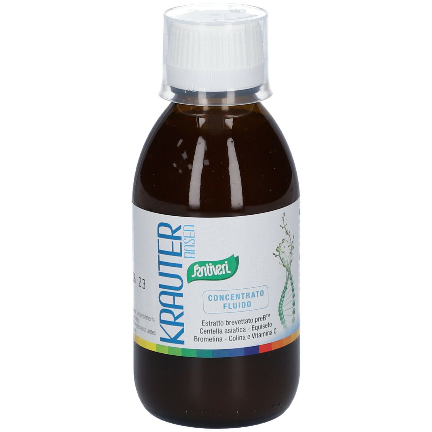 Liquido marrone in bottiglia con tappo bianco. Etichetta con nome del prodotto e ingredienti.