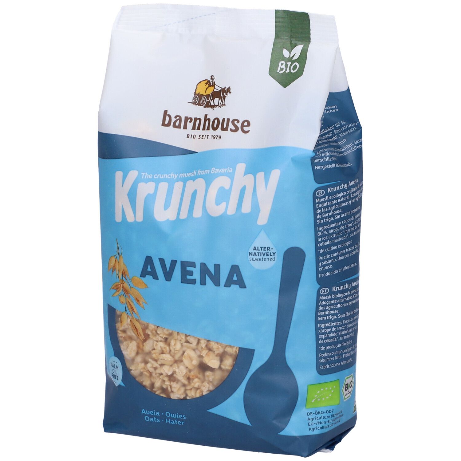 Confezione di Krunchy Avena. Marchio: barnhouse. Contiene avena. Certificazione biologica. Prodotto in una ciotola.