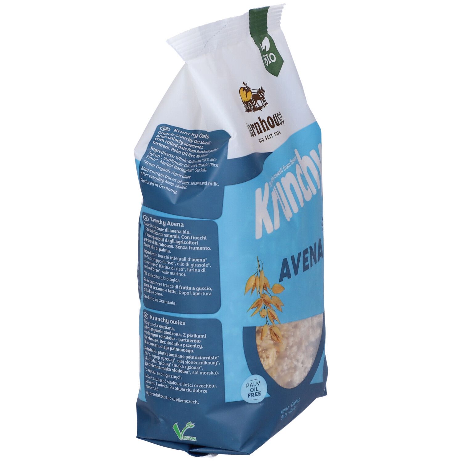 Confezione di Krunchy Avena. Marchio: barnhouse. Contiene avena. Certificazione biologica. Vista laterale della confezione.