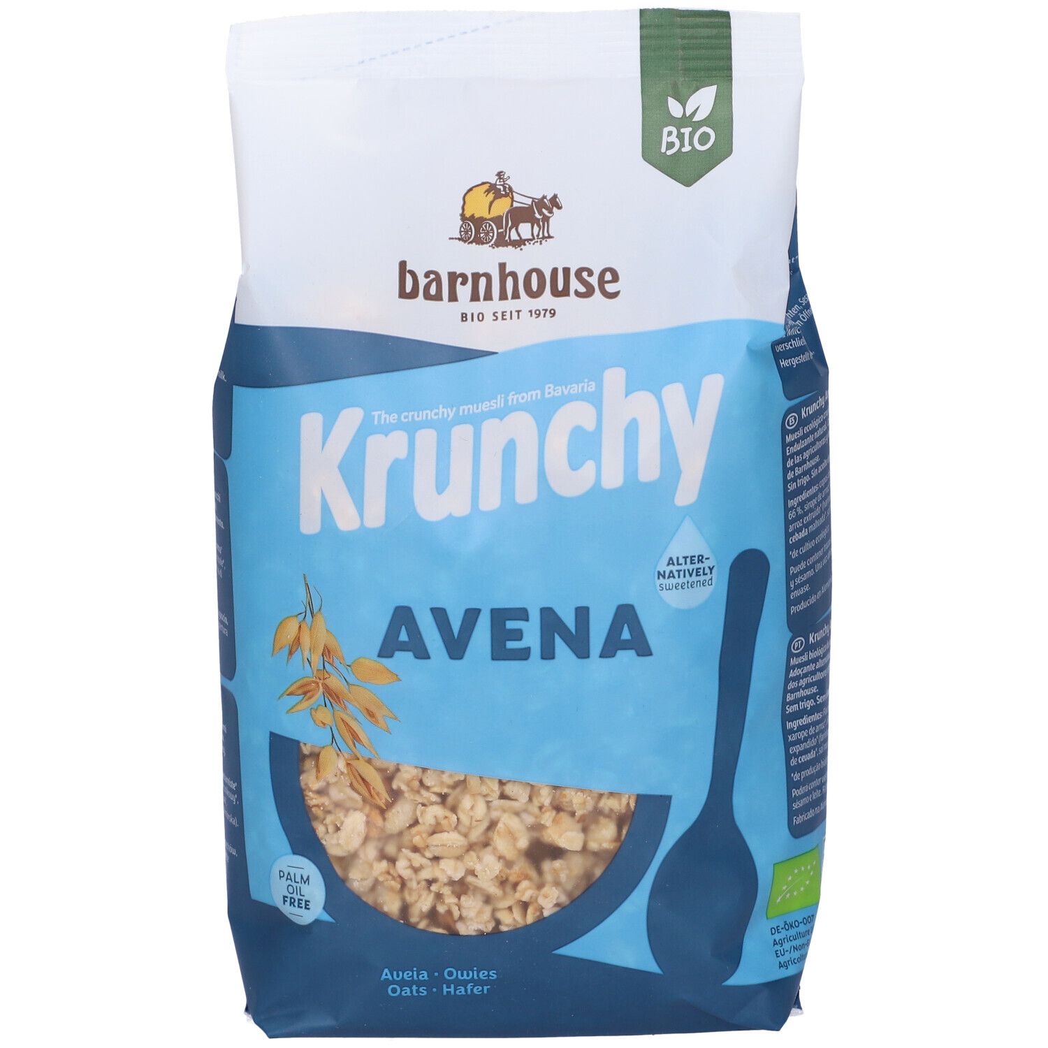 Confezione di Krunchy Avena. Marchio: barnhouse. Contiene avena. Certificazione biologica. Prodotto in una ciotola.
