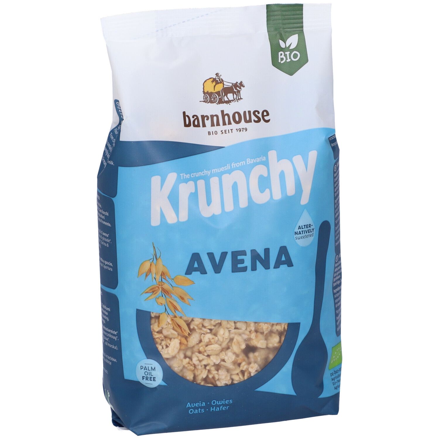 Confezione di Krunchy Avena. Marchio: barnhouse. Contiene avena. Certificazione biologica. Prodotto in una ciotola.